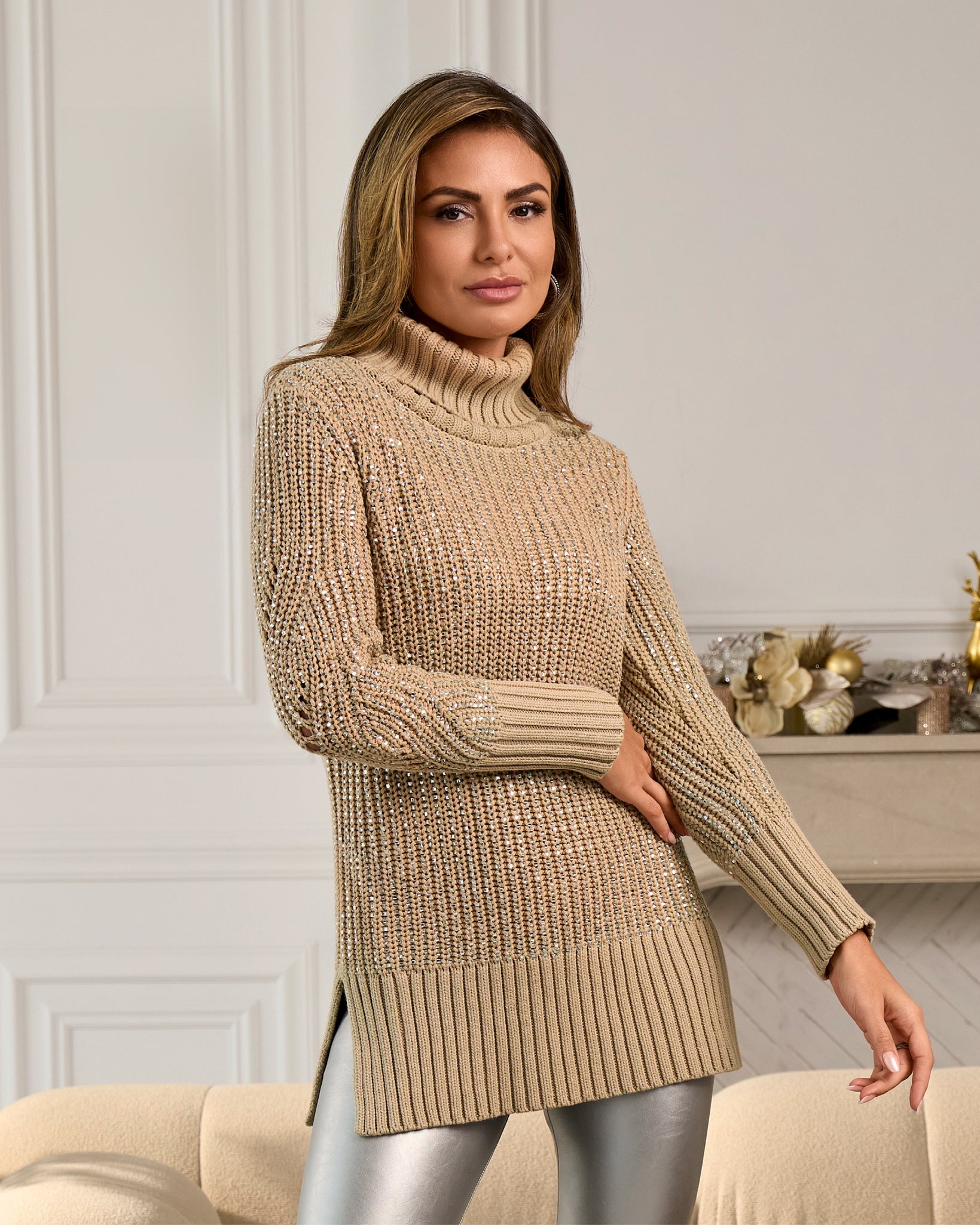 Embellished Turtleneck Sweater Sesame