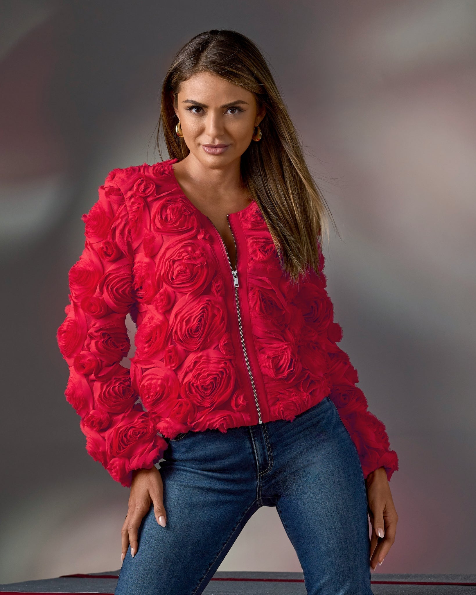 Rosette Zip Up Jacket Racing Red